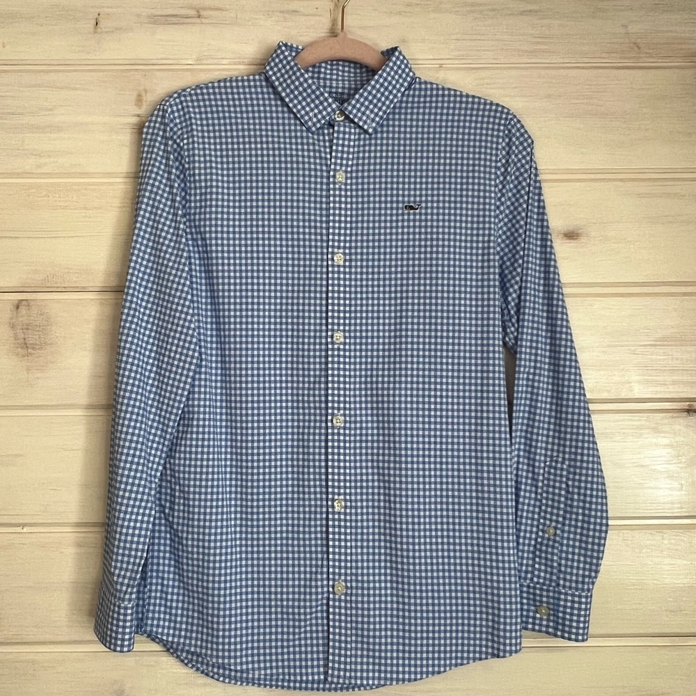 Vineyard Vines Performance Shirt Boys L 16 Blue Plaid Long Sleeve Button Down